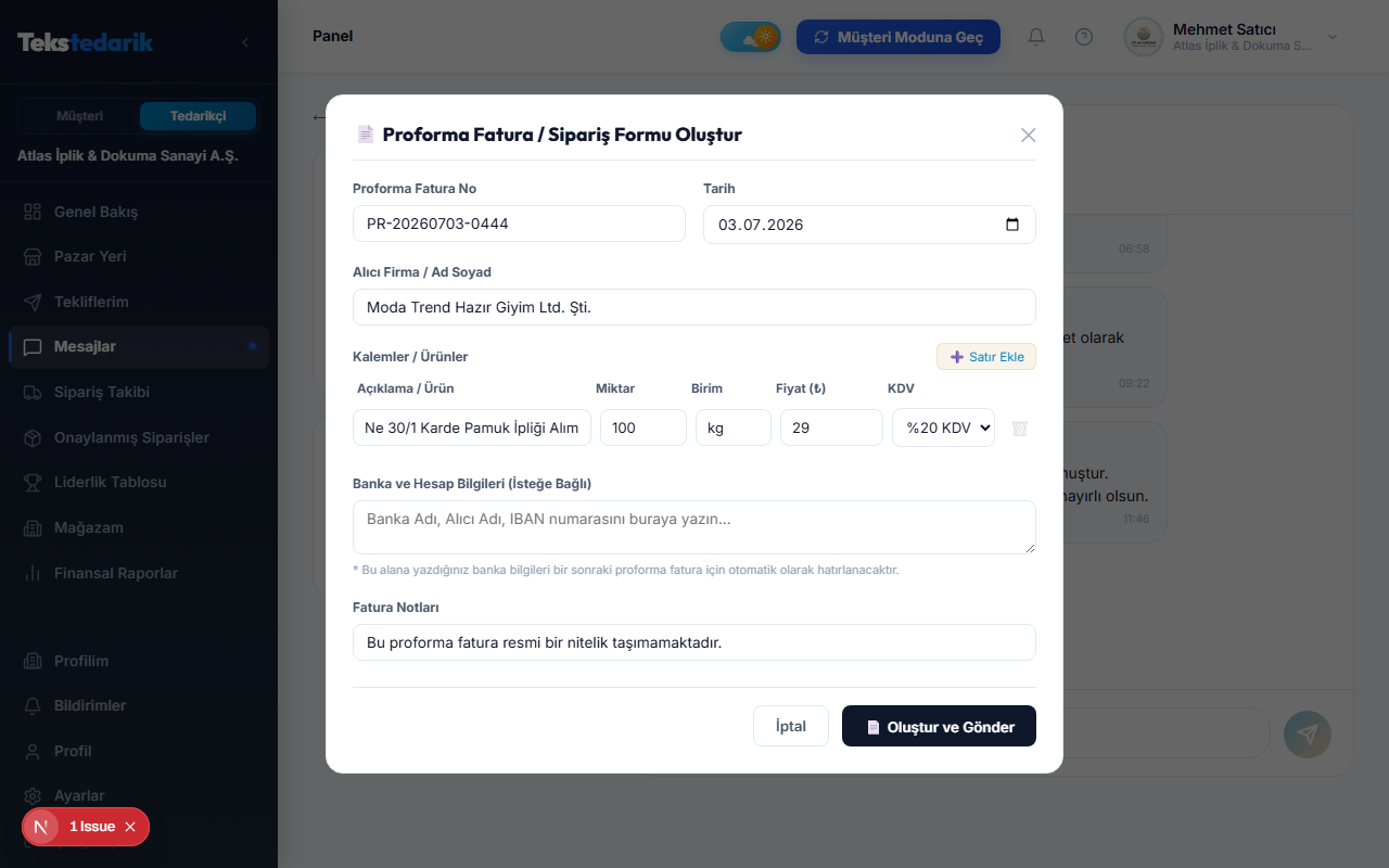 Sohbet Ekranında PDF Proforma Fatura Üretici